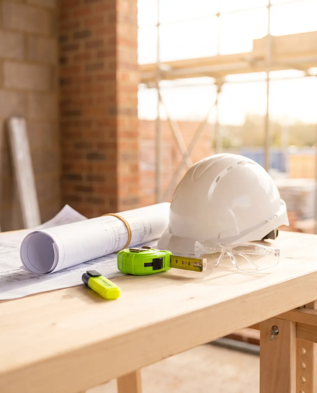 Een witte bouwhelm, opgerolde tekeningen met een elastiek, een limegroene rolmaat, een markeerstift en een veiligheidsbril op een houten werkbank, met metselwerk en steigers op de achtergrond.