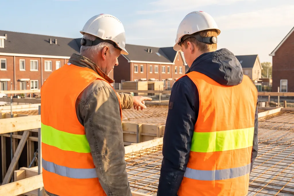 Een ervaren bouwvakker en een jonge leerling in oranje hesjes en witte helmen kijken naar wapening en bekisting voor een betonvloer. Op de achtergrond bakstenen rijtjeshuizen onder een blauwe lucht.