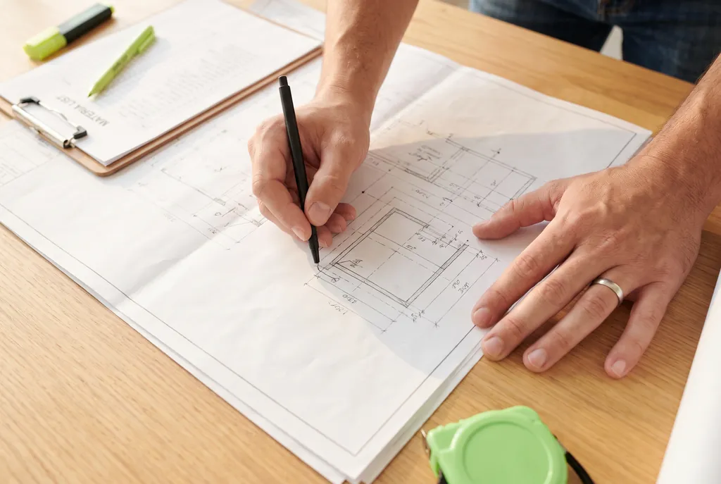 Twee handen op een bouwtekening: de ene zet met een pen een maatlijn, de andere houdt het vel vlak. Ernaast een klembord, markeerstiften en een rolmaat.