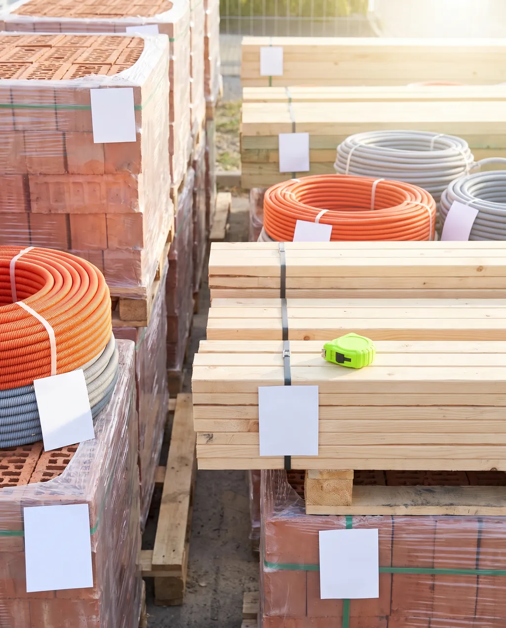 Pallets bakstenen met blanco labels, gebundeld hout en rollen oranje en grijze elektrabuis, netjes klaargezet op de bouwplaats.