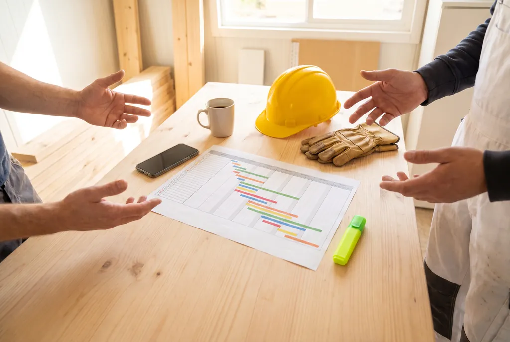 Een houten tafel met een geprinte planning met gekleurde balken, een gele bouwhelm, werkhandschoenen, een mok en een telefoon. Twee mensen bespreken het schema, alleen hun handen zijn te zien.