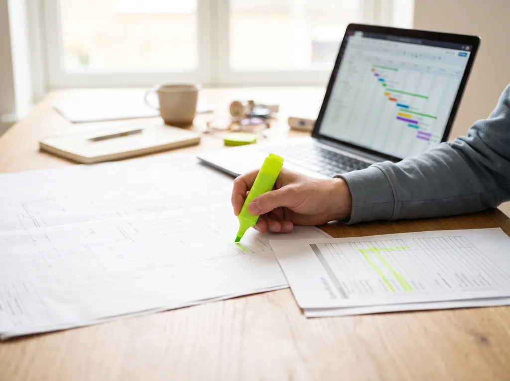 Een hand loopt met een limegroene markeerstift een tekening na, naast een laptop met een planning in gekleurde balken en een geprint bestek met gemarkeerde regels.
