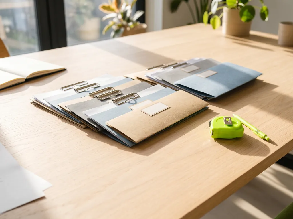 Een rij nette mappen en documentsets op een lichte tafel, elk met een leeg tabje, met een limegroene rolmaat en een pen ernaast.